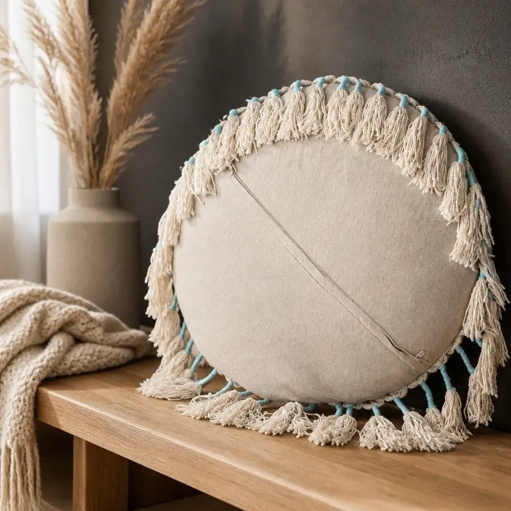 Vintage Bohemian Style Tassels Geometric Round Floor Pillow Orange/Blue 20”
